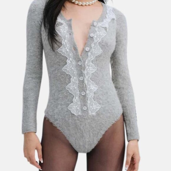 NWT FOR LOVE AND LEMONS ARINAH SOFT KNIT BUTTON FRONT GRAY ROMPER SIZE S - Picture 1 of 7